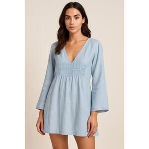 Pure Jungle 100% Linen Light Blue Cut out Bodice Boho Romantic Feminine Dress XL